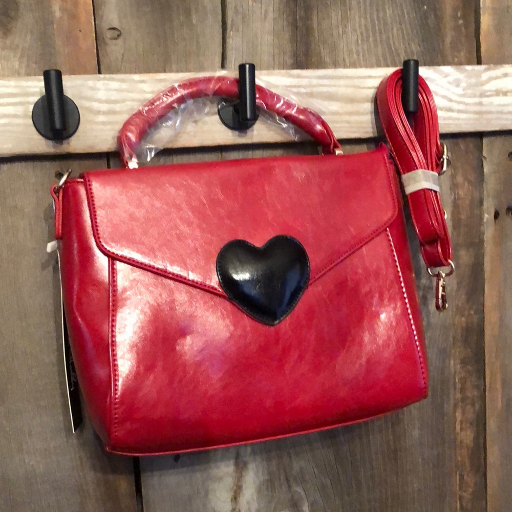 Pink Haley Red Faux Leather Satchel Bag Purse Crossbody Black Heart